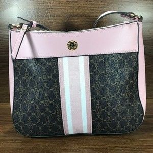Nanette Lepore Double Section Pink and Brown Striped Monogrammed Crossbody Bag